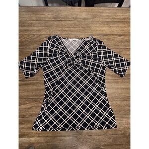 PETER NYGARD Black White Geometric Print Twisted Neck 3/4 Sleeve Top Women